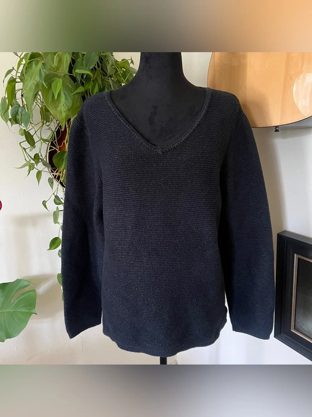Orvis Cotton Blend V-Neck Dark Blue Gray Knit Sweater, Late 90s, Size Large